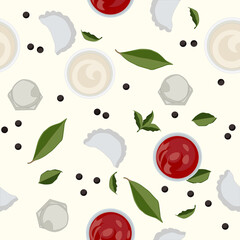 Pattern with dumplings, sauces and spices