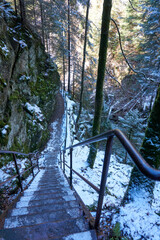 famous ravenna gorge, ravenna waterfall and wild river in the black forest in winter in breitnau...