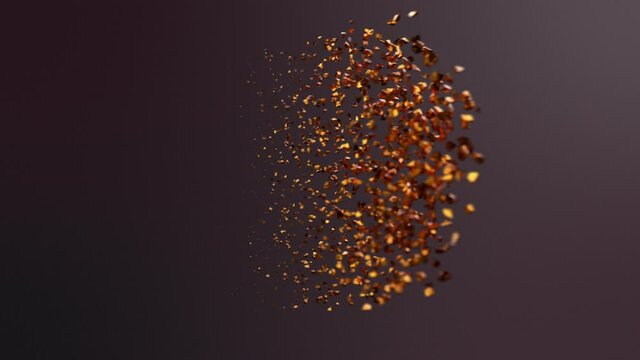 Golden Bitcoin Disintegration in air.  Bitcoin bursting disperse in pieces fragments. BTC destruction. 3D Animation