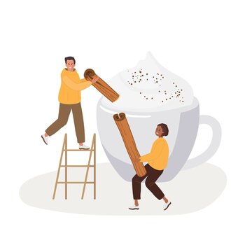 Tiny couple cooking creamy hot drink with cinnamon. Woman serves cinnamon, man sets cinnamon in whipped cream. Cartoon Flat Vector Template of poster for coffee shop, restaurant, cafe, coffee company.