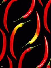 Pattern of red hot chili peppers on the black background with selective focus