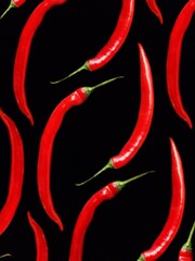 Pattern of red hot chili peppers on the black background with selective focus
