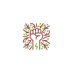 Nature power, energy concept, raised hand fist with root, twig, leaf. Vector icon logo template