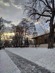 Sunset in the park in Bistrita, Romania in January 2022 