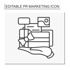 Portfolio line icon. Hand holding news articles, paper advertisements, pictures, documents.PR marketing concept. Isolated vector illustrations. Editable stroke