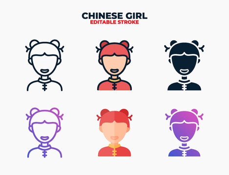 Chinese Girl icon set with different styles. Editable stroke and pixel perfect.