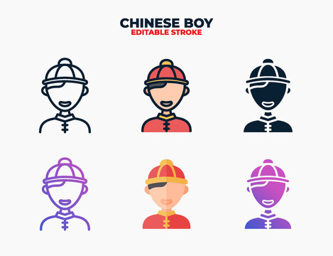Chinese Boy icon set with different styles. Editable stroke and pixel perfect.