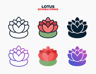 Lotus icon set with different styles. Editable stroke and pixel perfect.