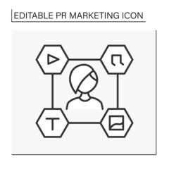 Content manager line icon. People create text, images, music and video for publications in social media. PR marketing concept. Isolated vector illustrations. Editable stroke