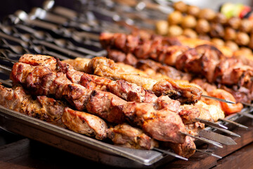 Roasted lamb shashlik the skewers. Food for picnic in summertime