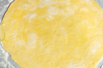 close-up. rolled dough sprinkled with sugar. flour is scattered around