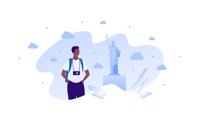 Sightseeing tourism and famous places travel concept. Vector flat people illustration. Young adult african boy with backpack and photo camera. Abstract liberty monument building symbol on background.