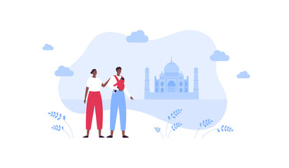 Sightseeing tourism and famous places travel concept. Vector flat people illustration. African family character. Couple of parents with baby in carrier. Abstract taj mahal building symbol.