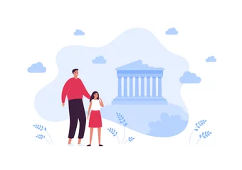 Fotobehang Sightseeing tourism and famous places travel concept. Vector flat people illustration. Male father with girl child. Abstract greek acropolis temple building symbol. © tasty_cat