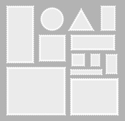 Postage stamps frames. Vector post, postal mark with border for mail. Postcard blank paper with edge. Square perforated vintage card, letter templates. Sticker old label, postmark, envelope shapes.