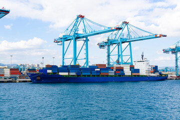 Container ship at industrial port in import export business logistic and transportation of international by container ship in the sea, Container loading in cargo freight ship with industrial crane.