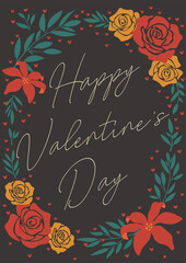 Valentines day greeting card concept template in flat design, with hand drawing illustrations and lettering