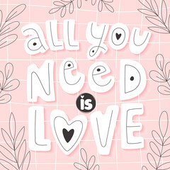 Valentines day greeting card concept template in flat design, with hand drawing illustrations and lettering