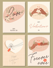 Set of Valentines day greeting cards concept templates in flat design, with hand drawing illustrations and lettering