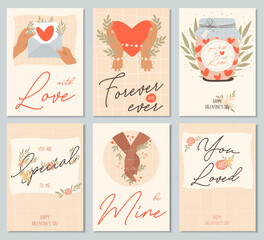 Set of Valentines day greeting cards concept templates in flat design, with hand drawing illustrations and lettering