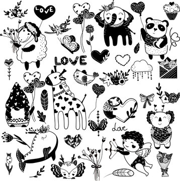 Big set for Valentine's day, happy cupid's, animals, bouquet of flowers, birds, gnome, butterfly. Cute Black and white characters. Enamored Black and white Animals. Flat icon set. Vector illustration.