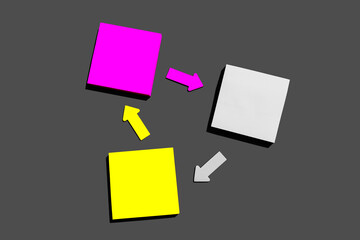 multi colored square sticky notes and colorful arrows on gray background, top view. Blank space for future important events announcements. Mock up copy space