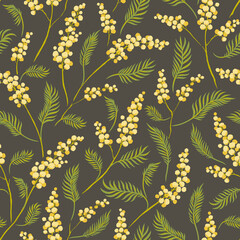 Naklejka na ściany i meble Mimosa yellow flower branches on dark background hand drawn vector seamless pattern. Vintage Romantic Spring Garden Bloom background. Retro floral print for Easter spring design