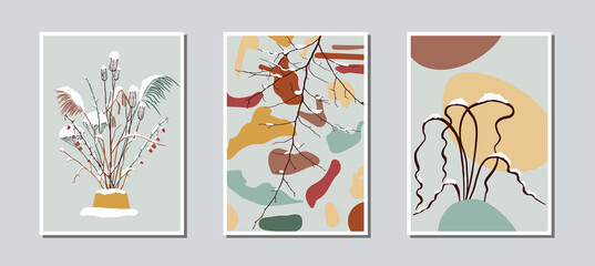 Modern abstract organic shapes and snowy plant arrangements set. Earthy colors.