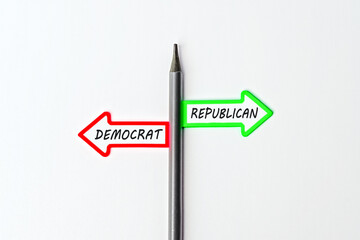 Democrat vs republican. Red arrow and green arrow with text democrat or republican. Concept of choice. Two Arrow and pencil on white background