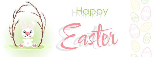easter egg willow rabbit bunny happy sign text lettering background horizontal bunner