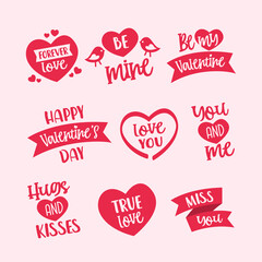Valentines greeting set collection. Happy valentines day text, be mine, be my valentine, hugs and kisses, forever love, miss you. Vector illustration. Wallpaper, flyers, invitation, posters, banner - obrazy, fototapety, plakaty