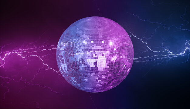 Party disco mirror ball reflecting purple and dark blue color lights with lightning