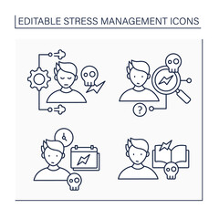 Stress management line icons set. Controlling person stress level.Source. External stressors, journal. Mental health concept. Isolated vector illustrations. Editable stroke