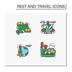 Types of rest and tourism color icons set.Food tour, safari, couchsurfing, recreational drug. Adventures, recreation and pleasure. Tourism types concept. Isolated vector illustrations