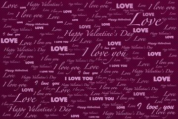 Words  Love, valentines day, Happy Valentine's day, i love you, love in light purple color on a  dark berry purple molded metal industrial background