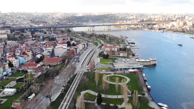 aerial view of Istanbul cityscape near harbour