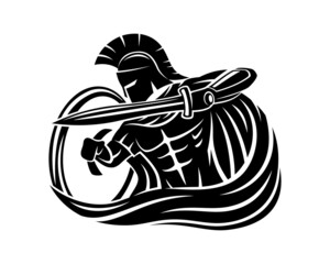 Spartan with sword and shield on white background. - obrazy, fototapety, plakaty