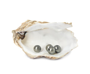 Naklejka premium Open oyster shell with black pearls on white background