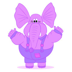 greeting pink baby elephant with arms raised in joy, drawing, vector, cartoon, on a white background.