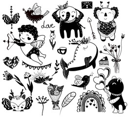 Obraz premium Big set for Valentine's day, happy cupid's, animals, flowers, birds, balloons, bouquet of flowers, rainbow. Cute Black and white characters. Enamored Black and white Animals. Flat icon set. Vector