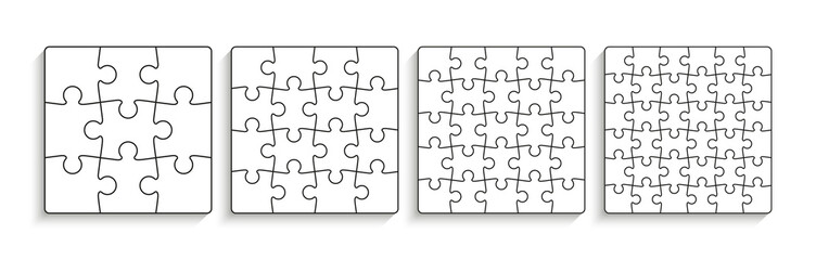 Puzzle pieces set. Jigsaw grids. Thinking mosaic game with details. Laser cut frame. Puzzle layout with separate shapes on white background. Vector illustration.