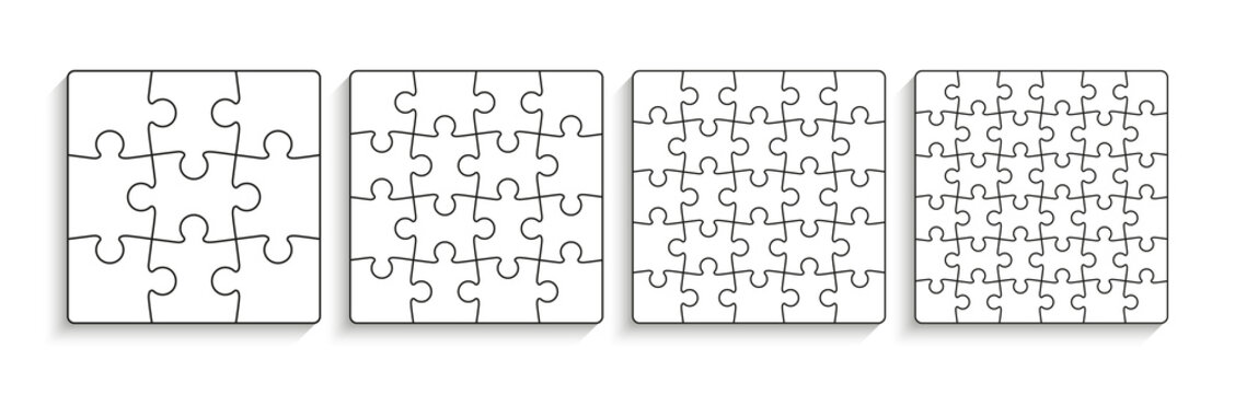 Puzzle pieces set. Jigsaw grids. Thinking mosaic game with details. Laser cut frame. Puzzle layout with separate shapes on white background. Vector illustration.