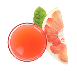 Glass of pink pomelo juice, fruit and green leaf isolated on white, top view