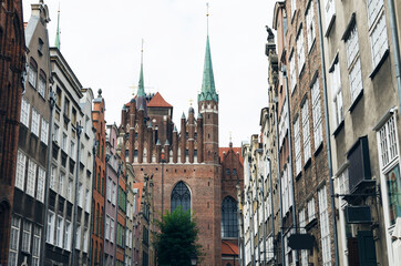 POLAND, GDANSK: Scenic cityscape view of city old center with traditional architecture and cathedral