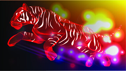 Obraz premium Red tiger line art wallpaper. Dodge color neon effects background.