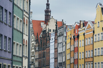 POLAND, GDANSK: Scenic cityscape view of city old center with traditional colorful architecture and red cathedral