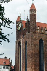 POLAND, GDANSK: Scenic cityscape view of city old center with traditional colorful architecture and red cathedral