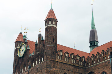 POLAND, GDANSK: Scenic cityscape view of city old center with traditional colorful architecture and red cathedral