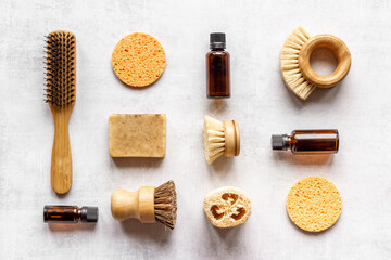 Flatlay of massage and spa products and accessories, top view