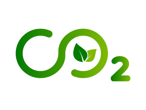 Carbon dioxide symbol with leaves. Infinity CO2 sign. Carbon neutrality concept. Continuous loop. Zero emission. Environmental protection. Logo template or icon. Vector illustration, flat, clip art. 